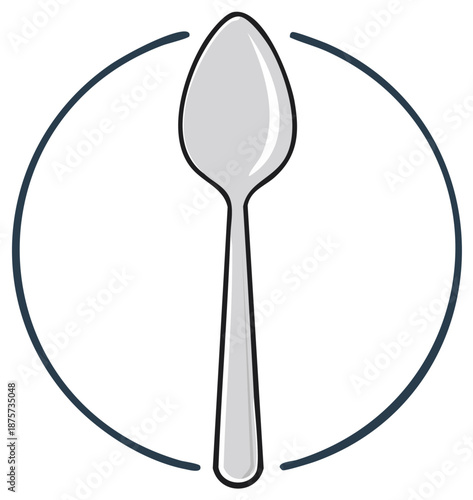 Simple gray spoon illustration with dark blue circular outline representing culinary concepts