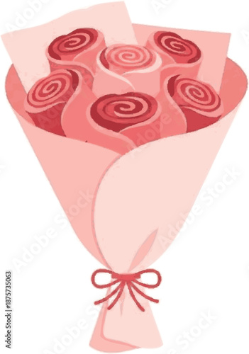 A charming bouquet of fresh pink and red roses beautifully wrapped in delicate paper, signifying love, celebration, or heartfelt appreciation for any special occasion or romantic gesture