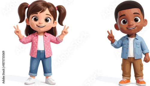 kids, children, cartoon, cute, smile, diversity, boy, girl, illustration, vector, happy, friendship, peace, gesture, childhood, education, design, art