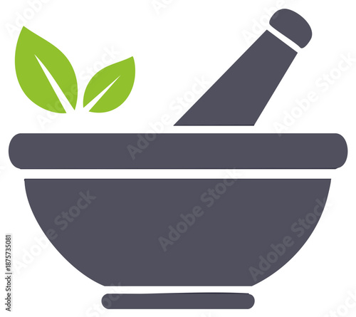 Herbal medicine icon with mortar and pestle grinding natural green leaves for wellness and pharmacy
