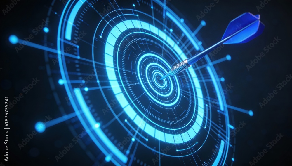 Fototapeta premium Futuristic blue digital target with dart hitting the bullseye, representing success