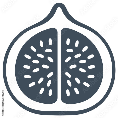 Stylized dark gray fig cut in half revealing white seeds and flesh inside