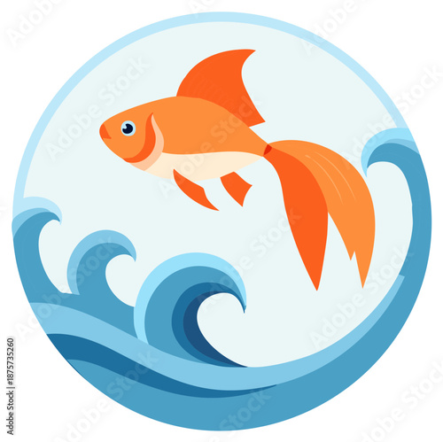 Orange goldfish swimming above blue waves in a circular flat design illustration