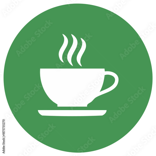 White coffee cup with steam rising on a green circle background