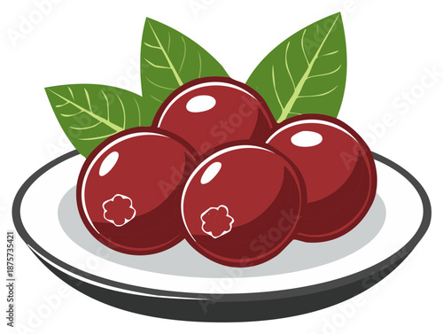 Bright Cranberries with Green Leaves on Elegant Plate Fresh Harvest Still Life