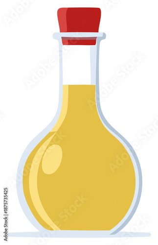 Cartoon illustration of a potion bottle with a red cork and golden liquid.