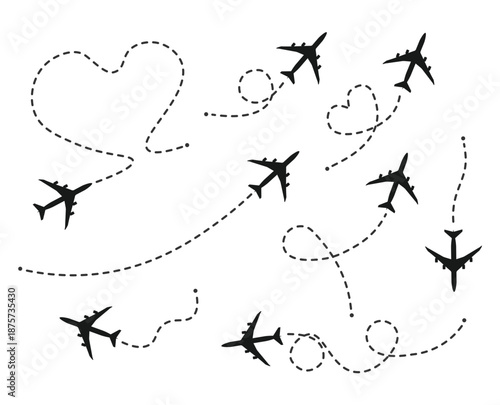 Airplane line path vector icon set. Air plane flight route with start point and dash line trace