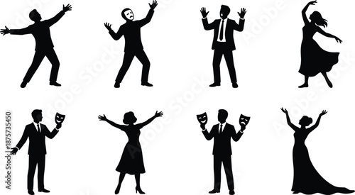 Theater actor silhouette poses, dramatic performance characters with masks, stage acting figures for drama illustration vector design collection
