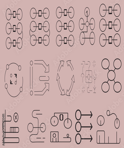 Outline icon set showing system reliability and resilience logic with abstract process metaphors including redundancy, failover, fault isolation, recovery cycles, load balancing, and uptime continuity