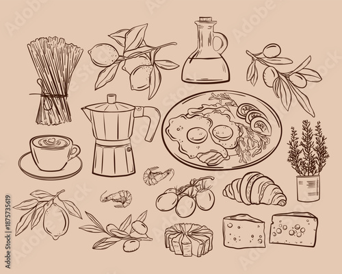 Breakfast doodle style, Eggs and coffee with croissant delicious nutritious food for breakfast sketch ink, Italian lunch.