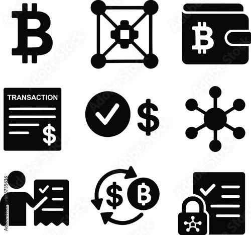 Digital currency transaction icons displayed in a grid layout on a white background with Copilot elements