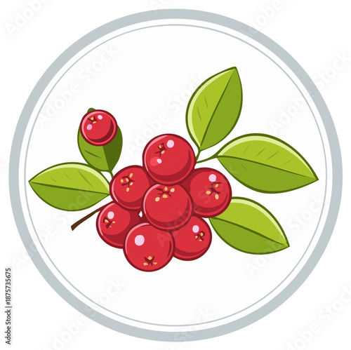 Charming Illustration of Lingonberries on Branch with Green Leaves in Circle