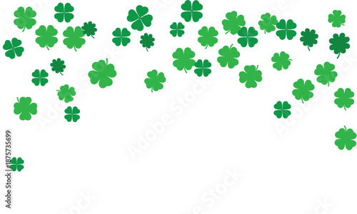 Falling green shamrocks and four-leaf clovers isolated on white background. St. Patrick's Day pattern for Irish holiday banners, greeting cards, luck concepts, and spring nature designs.