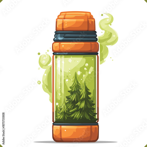 Vector illustration of a thermos travel mug with herbs, mug with a lid, for food packaging and grocery design, isolated on a white background