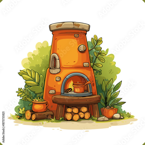 Vector illustration of an outdoor wood stove with stone base, burning fire and large cooking pot surrounded by garden plants, rustic cooking setup, isolated on a white background