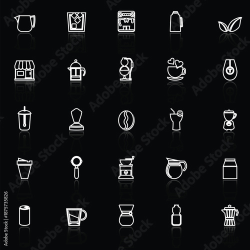 Coffee and tea line icons with reflect on black