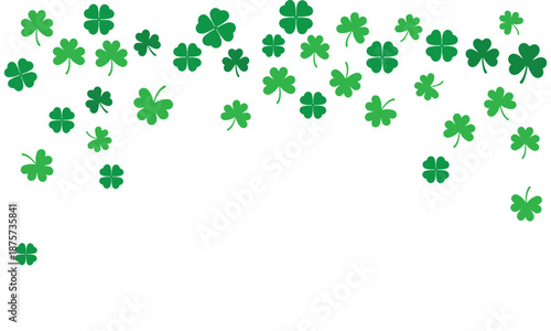 Falling green shamrocks and four-leaf clovers isolated on white background. St. Patrick's Day pattern for Irish holiday banners, greeting cards, luck concepts, and spring nature designs.