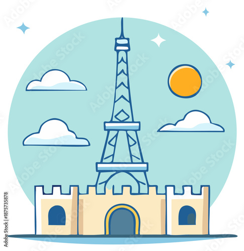 European Landmark Surrounded by Fantasy Castle, Clouds, Sky, Sun and Stars - Children Illustration