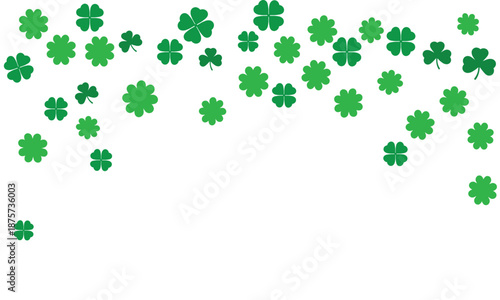 Falling green shamrocks and four-leaf clovers isolated on white background. St. Patrick's Day pattern for Irish holiday banners, greeting cards, luck concepts, and spring nature designs.