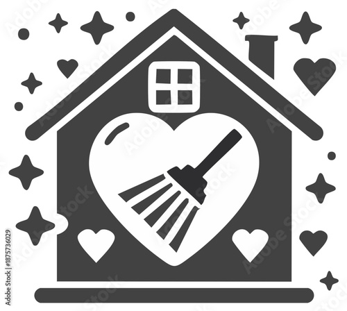 House cleaning symbol with cleaning brush and heart shape, stars and home, household maintenance, sanitation