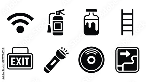 Assortment of safety and utility including Wi Fi extinguisher flashlight and exit sign wifi signal