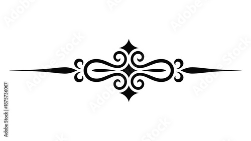 Black symmetrical ornamental divider with swirling curves and diamond accents white