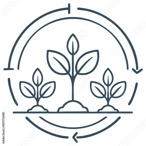 Sustainable plant growth cycle icon with developing seedlings and circular arrows