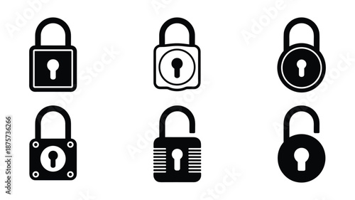 Set of six black and white depicting various padlock and states of security padlock lock security closed padlock