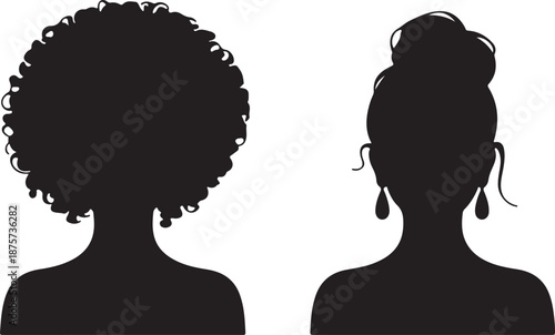 Two distinct female profile silhouettes show different hairstyles one with an afro and the other a neat bun
