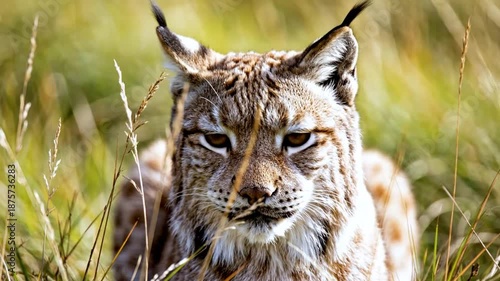 Eurasian Lynx Stares Intently in Grassy Field Wild Cat Portrait.
