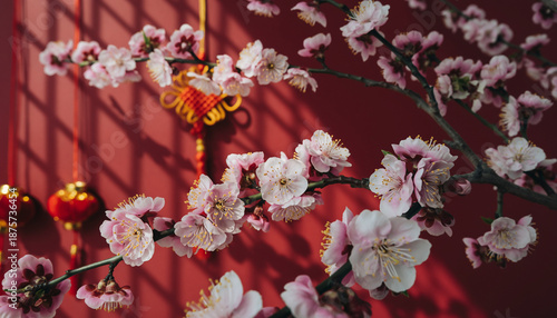 Blossoming flowers on branches against a red wall with lanterns and shadows