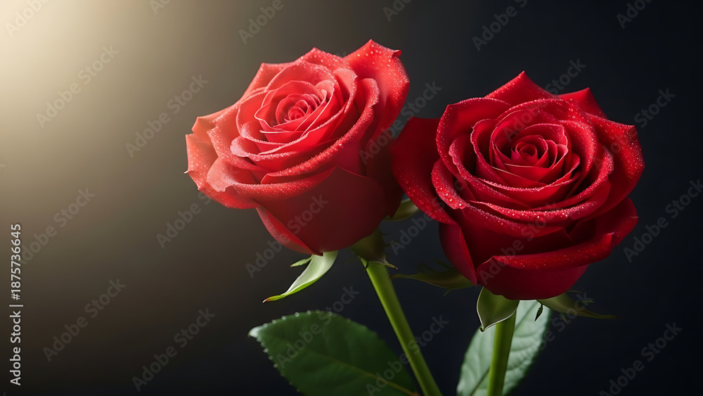 Fototapeta premium Two red roses illuminated against a dark background for Valentine's Day Cards 
