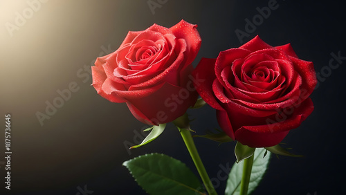 Two red roses illuminated against a dark background for Valentine's Day Cards  