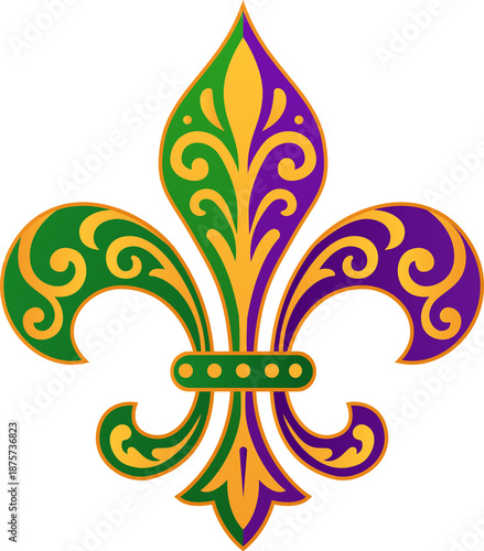 Festive Mardi Gras fleur-de-lis emblem in traditional colors