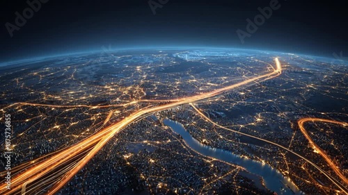 Aerial view of Earth at night with city lights and glowing streaks representing data flow