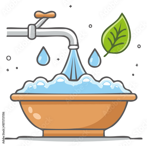 Faucet filling tub with water and leaf icon, illustration art