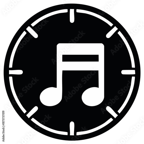 Minimalist musical note icon inside a clock dial symbol, representing music time and rhythm.