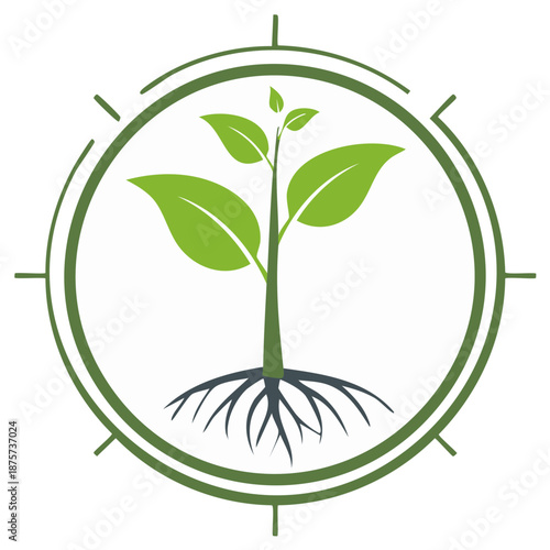 Sustainable growth concept with green seedling roots in circular design