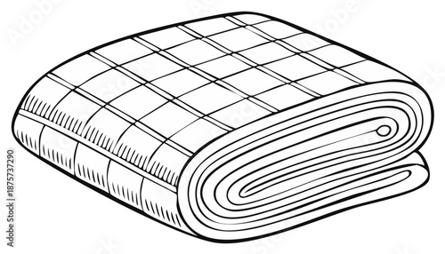 Folded quilted blanket with checkered pattern, black and white line art illustration