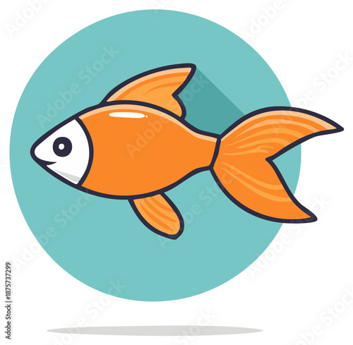 Cute cartoon goldfish icon in a flat design style with a long shadow