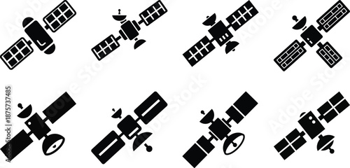 Diverse collection of modern communication satellite icons, illustrating global connectivity and advanced space technology essential for broadcasting, internet, and earth observation systems