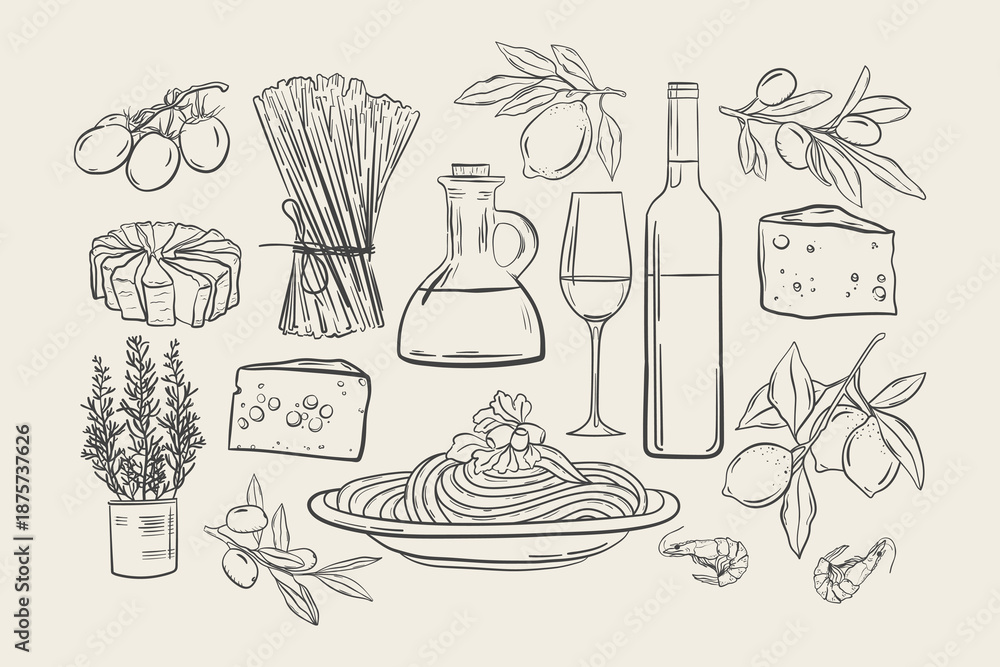 Fototapeta premium Pasta and spaghetti with cheese and olives hand drawn set, Doodle collection Italian food cheese and wine, Mediterranean delicacies.