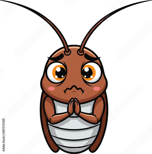 Cartoon cockroach with expressive eyes, praying gesture, worried face, anthropomorphic insect character for humor or education - flat vector illustration