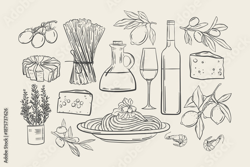 Pasta and spaghetti with cheese and olives hand drawn set, Doodle collection Italian food cheese and wine, Mediterranean delicacies.