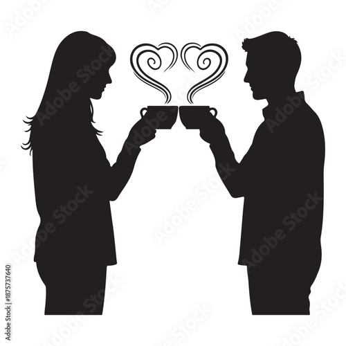 Romantic Couple Coffee Date Silhouette with Heart Shaped Steam Vector