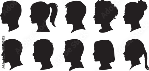 A comprehensive collection of ten diverse human head profiles in black silhouette