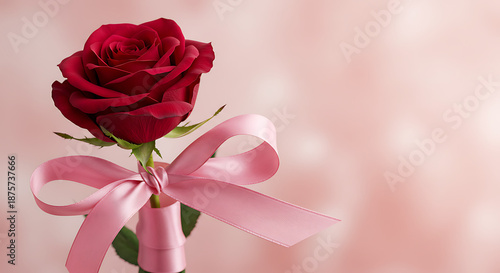 Red rose with pink ribbon on blurred pink background for Valentine's Day Cards  