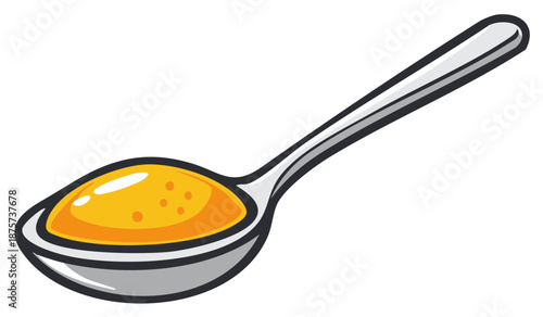 Spoonful of Turmeric Spice Metallic Spoonful of Yellow Powdered Spice Cartoon Illustration