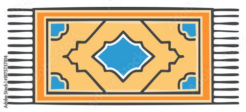 Stylized Geometric Persian Carpet Illustration with Tassels and Diamond Motif