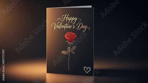 Happy Valentine's Day greeting card with red rose on dark background  